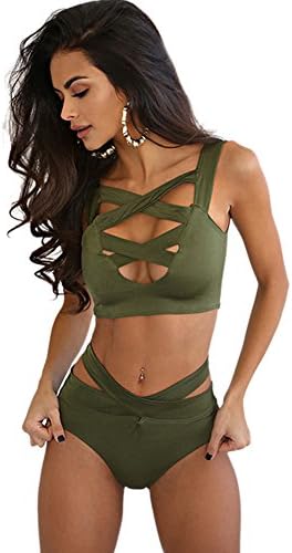 Strappy Swimsuits for Women Two Piece Purple High Waisted Padded Swimwear Sexy Bikinis Solid Color Army Green Size M