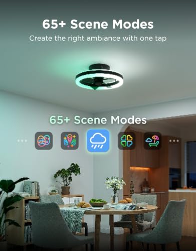 Govee Ceiling Fan with Lights, 20'' RGBIC Oscillating Flush Mount Bladeless Ceiling Fans with Lights and Remote, 12 Speeds Reversible DC Motor, 3100lm, Low Profile Ceiling Fan for Bedroom, Living Room