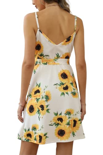 OPUJEPA Sexy Dresses for Women Short V Neck Spaghetti Strap Sleeveless Summer Floral Print Cute Skater Dress Mini Swing Sundress with Belt for Date Night