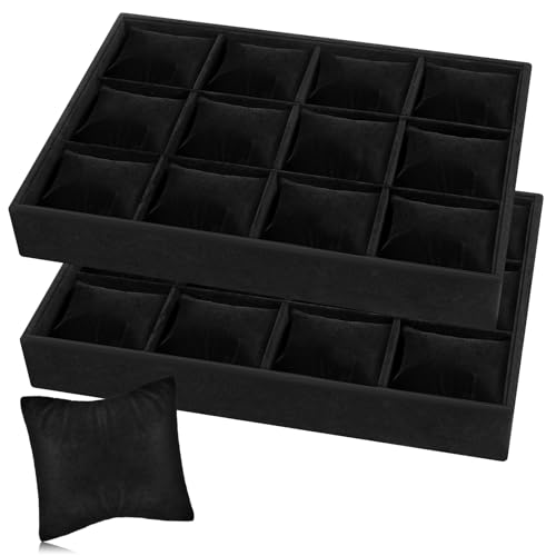 AHQiZFX 2 Pieces Elegant Velvet Watch Tray, 12 Grid Stackable Jewelry Organizer, Adjustable Watch Bracelet Bangle Display Holder, Stylish and Organized Multifunctional Tray