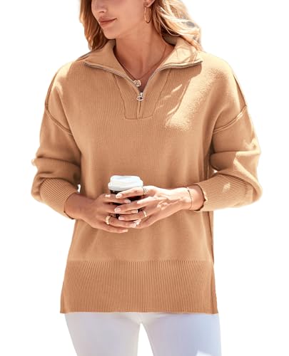 Photo 1 of PRETTYGARDEN Women's Fall Pullover Oversized Sweaters Casual Long Sleeve Zip Up Lapel V Neck Knitted Winter Tops (Khaki,Medium)