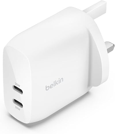 Belkin BoostCharge Dual USB-C Plug 60W PPS Fast Charger White