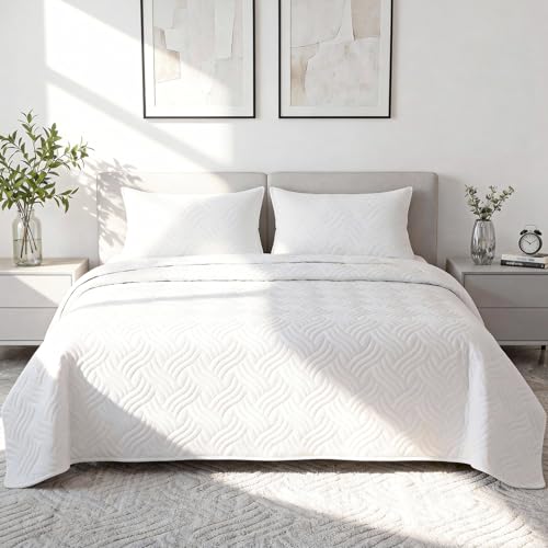 VIOPY Colcha Ligera matrimonial,210×240 CM,cubrecama Reversible,con 2 Funda de Almohada,edredones,Suave Tacto, Ligero y Fresco,Ropa de Cama,Verano y Uso Anual.Blancos para el hogar(Blanco)