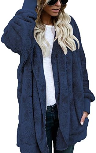 FOUNDO Women Fuzzy Fleece Jacket Open Front Hooded Cardigan Coat Outwear Pockets Blue S