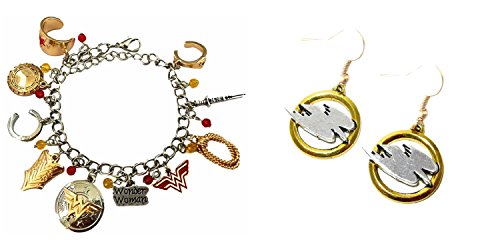 J&C Family Owned Comic Book Theme The Amazonian Wonder Woman Logo Bracelet and Legends of Tomorrow White Canary Dangle Earrings 2-Pack Bracelet and Earring Gift Sets /Gift Wrapped