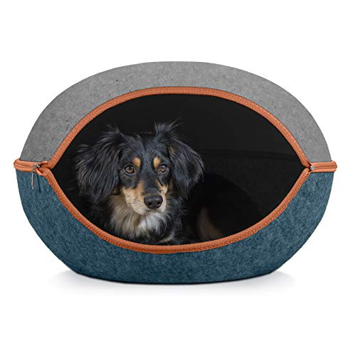 Furhaven Pet Cat Bed Furniture | Two-Color Round Felt Pet House Private Den Hideout Pet Bed for Cats & Small Dogs, Heather Gray/Lagoon Blue, One Size