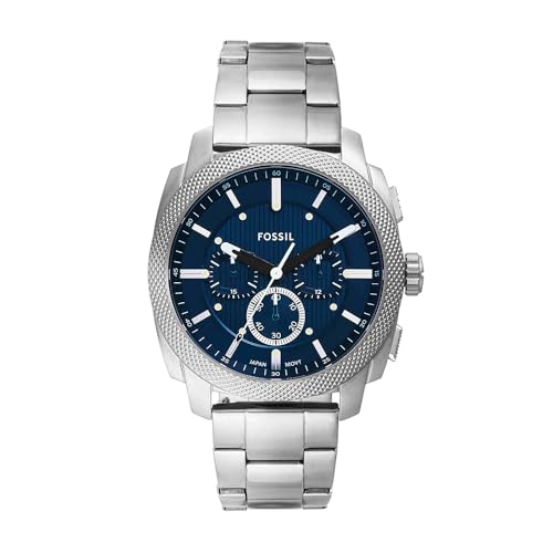 Fossil New Machine Watch for Men, 44mm Quartz Chronograph Movement with Stainless Steel or Leather Strap,Blue and Silver Tone