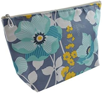 Dana Herbert Designer Travel Cosmetic Tolietries Bag, Size Large 6x10 inch Cotton with Plastic Liner, Handmade in USA, Aqua Charcoal Floral Pattern
