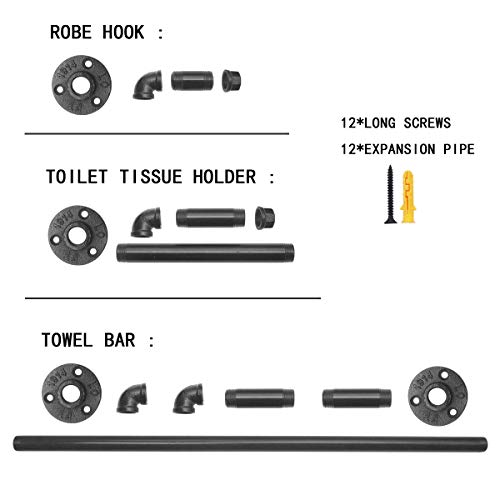 MINCORD Industrial Pipe Bathroom Hardware Accessory 3 Piece Set with 24" Towel Bar, Robe Hook and Toilet Paper Holder - Black