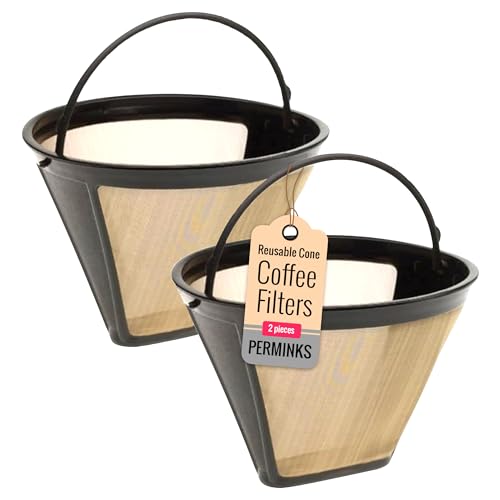 Reusable #4 Gold Tone Mesh Cone Coffee Filter Basket - Cuisinart Coffee Maker Filter Replacement for Ninja, Hamilton Beach, Breville, Moccamaster, Bonavita, Farberware, 2pcs