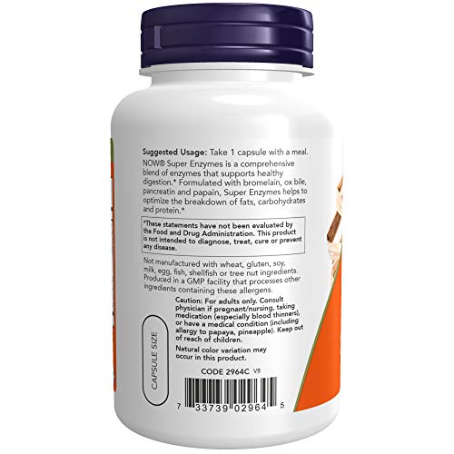 NOW Supplements, Super Enzymes, Formulated with Bromelain, Ox Bile, Pancreatin and Papain,180 Capsules