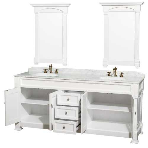 Wyndham Collection Andover 80 inch Double Bathroom Vanity in White with White Carrara Marble Countertop, Undermount Oval Sinks, and 28 inch Mirrors