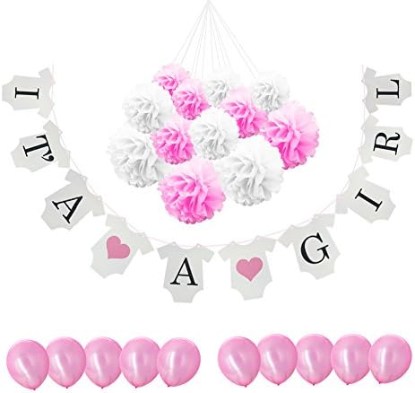 Ldoux IT IS A GIRL Bunting Banner with 12 Pack of Tissue Paper Pom Poms Flowers and 10Pcs 12 Inches Latex Party Balloons, Girls Baby Shower Party Decorations Favors Supplies