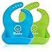 Waterproof Silicone Bibs – New Reinforced Buttonholes Keep Bib on Toddler – Stay Open Food Pocket Catches All Spills – Reduce Cleaning and Laundry – Bonus Spoon or Bandana – Set of 2 (Blue & Green)