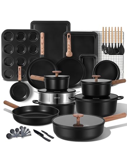 JEETEE 50-Piece Titanium Pots and Pan Set Non Stick, Cookware Set with 6pc Bakeware, Ultimate Pots and Pans Set for Cooking with Lid, Induction & Oven & Dishwasher Safe, PFAS Free, Black