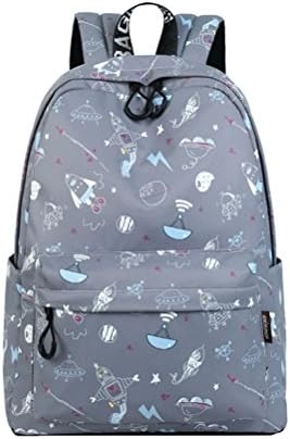 Fashion Waterproof Women Backpack Cute Space Ship Pattern Printing Large Capacity Girls Laptop Knapsack Gray 14 Inches