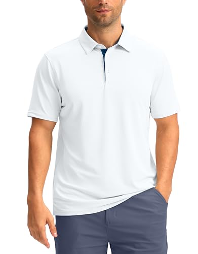 OBLA MEN’S GOLF SHIRT SHORT SLEEVE MOISTURE WICKING SOLID PERFORMANCE DRY FIT COLLARED GOLF POLO SHIRTS FOR MEN TENNIS WORK(A WHITE_XXXL)