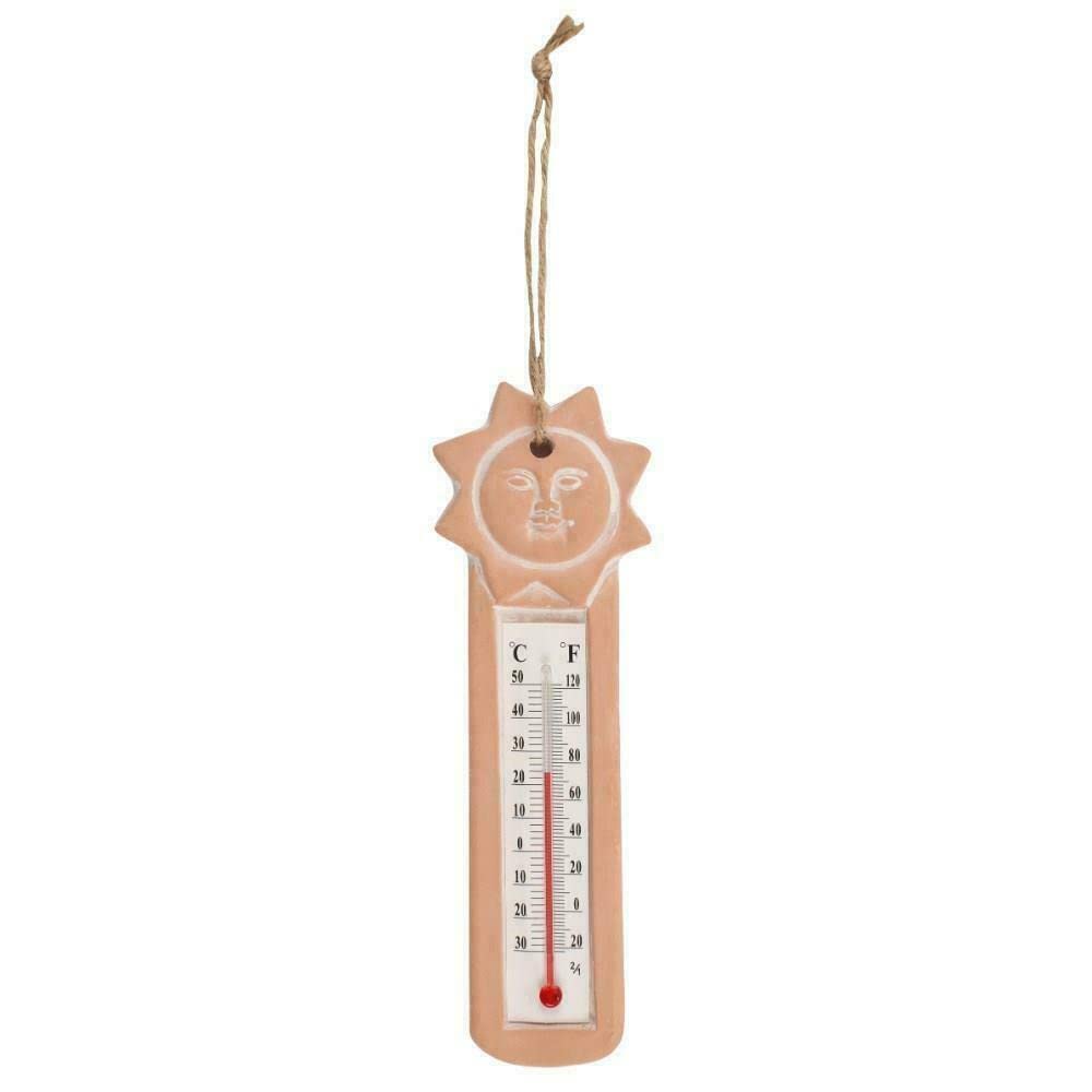 Terracotta Garden Thermometer with Sun Decor - Accurate Temperature Readings, Stylish Design, Durable & Easy to Hang for Outdoor/Indoor Use in Wall, Garden, Conservatory, and Home