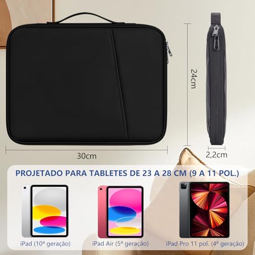 Bolsa Case para Tablet e Laptop de 9 a 11 polegadas,com Alça e Compartimento Frontal, bolsa protetora com bolso e Forro Macio (Preto)
