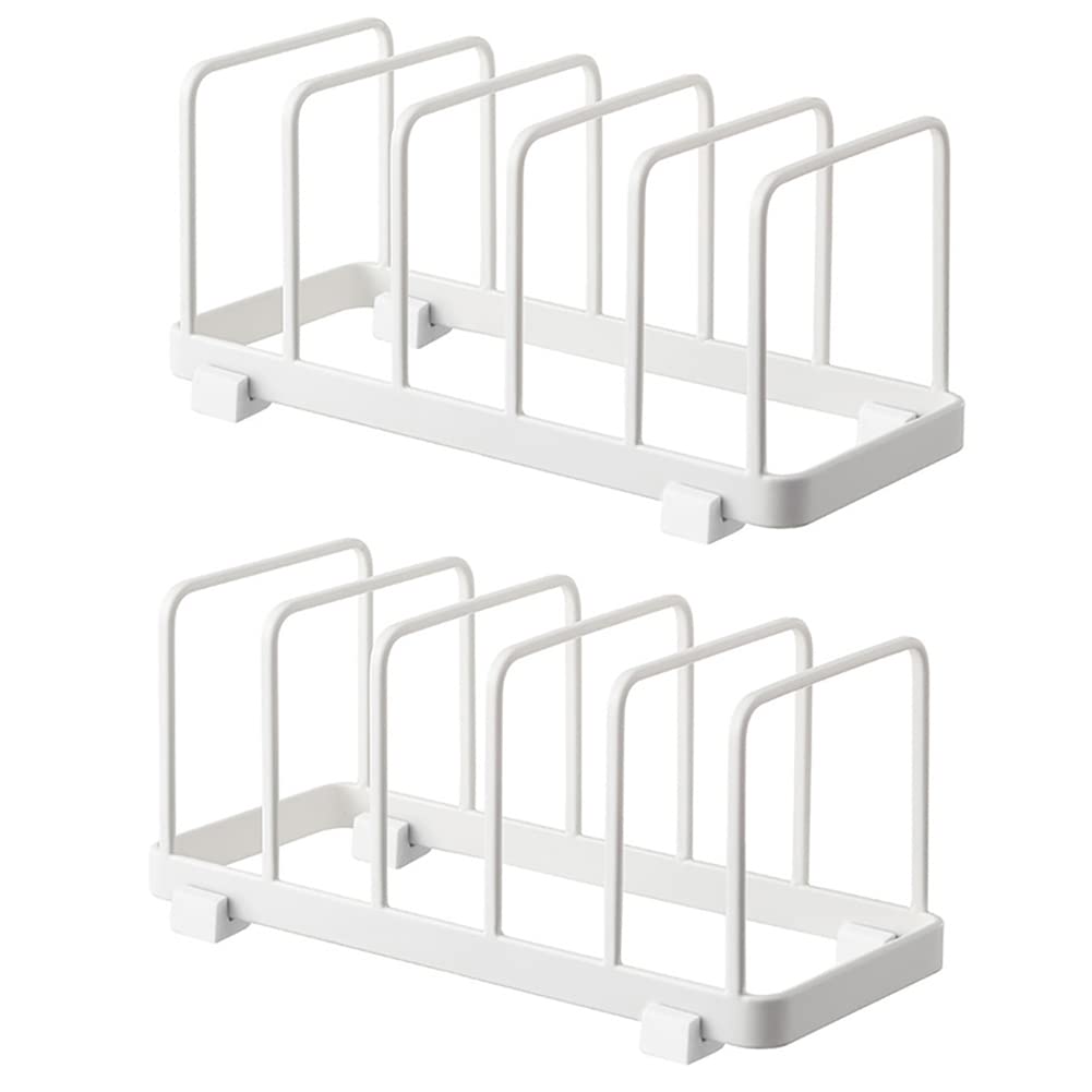 YunNasi Plate Storage Rack, Vertical Plate Rack Drainer, Cutting Boards, Bakeware, Serving Trays Holder, Lid Organizer, Cabinet Dish Holder (White, 2 Packs)