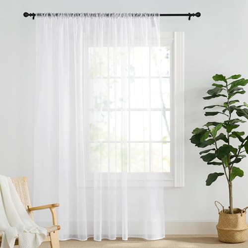 PONY DANCE Extra Wide Curtain, White, Transparent, Set of 1, H 245 x W 300 cm, Voile Curtain for Living Room & Bedroom with 3-in-1 Ruffle Tape for Rail & Pole