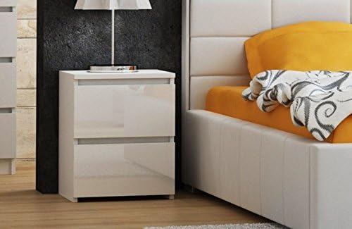 Universal Design 2 Drawer High Gloss Laminated Body Bedside Table (Material: Wood, Assembly Required) (White/High Gloss White Front, 40 x 30 x 30cm)