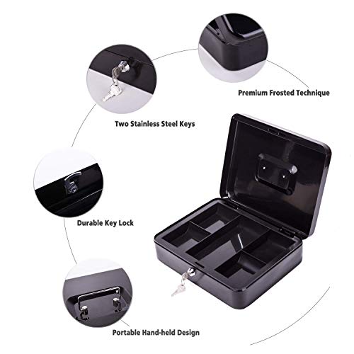 CK Wind Large Cash Box with Lock - Premium Steel Box with Money Tray and 2 Keys,Black