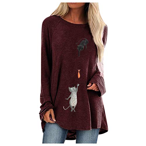 Moilant Women O-Neck T Shirt Cute Cartoon Print Tops Plus Size Casual Blouse Tunic Wine
