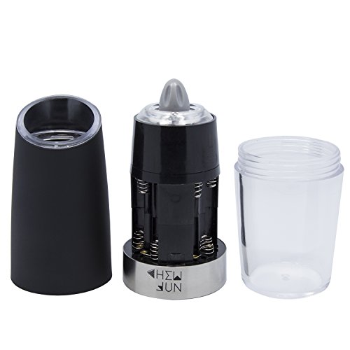 Gravity Electric Pepper Grinder or Salt Grinder Mill with Adjustable Coarseness Ceramic Mechanism, Automatic Operation, Battery Powered with Blue LED Light, Matte Black by CHEW FUN - Thumbnail 5