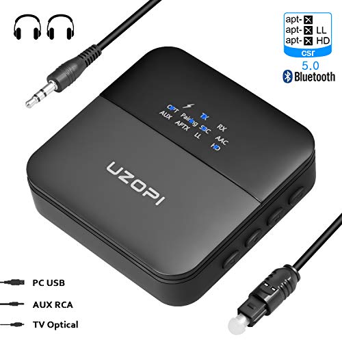 UZOPI Bluetooth 5.0 Transmitter Receiver, 2-in-1 Wireless Audio Adapter aptX Low Latency HD for TV Car Music Streaming Stereo Sound System