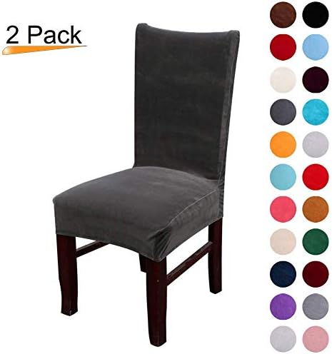 Velvet Stretch Spandex Plush Dining Chair Slipcovers -Chair Covers Solid Large Dining Room Chair Protector Home Decor (Dark Grey, Pack of 2)