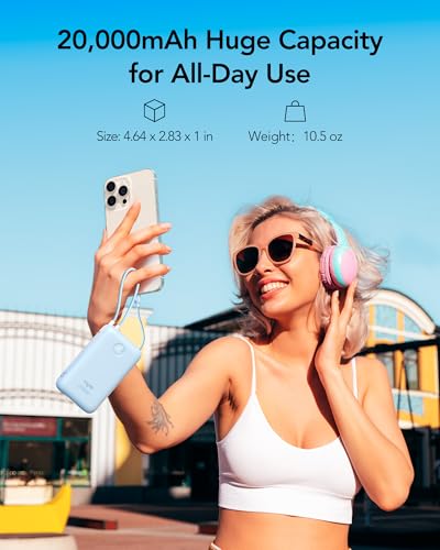 VIYISI Power Bank 20000mAh 30W Fast Charging Portable Charger with Built-in Cables & LED Display, USB C Battery Pack for iPhone, Samsung, iPad and Android Phones, Ideal for Travel -Light Blue