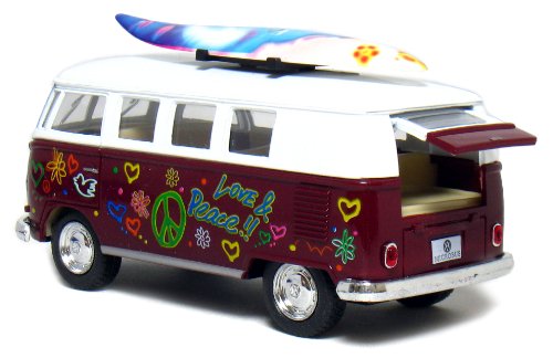 Set of 4 Vehicles: 5" 1962 VW Classic Van Flowers with Surfboard (Red, Green, Maroon and Yellow)