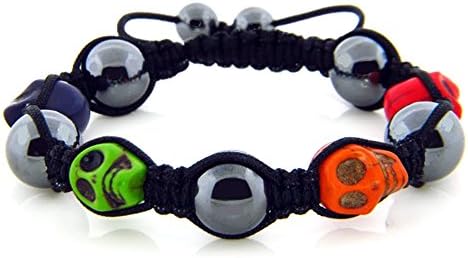 Multicolored Skull Heads & Hematite Hand Beaded Shamballa Inspired Fireball Macrame Bracelet Mens Ladies 12mm