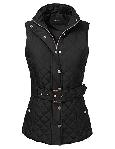 Doublju Womens Basic Quilted Padding Vest With Pockets BLACK LARGE