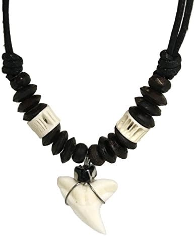 Shark Tooth Rasta Short Beads Necklace Handmade Hawaiian Style Beach Boy Men (White Bone - Black Bead 4)