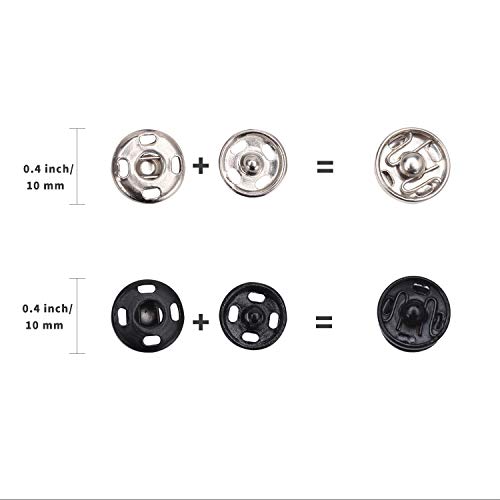 Senkary 200 Sets Sew-On Snaps, 10 mm Snap Buttons Metal Snap Fasteners Press Studs for Clothes, Sewing Clothing, Jeans, Jackets (Black and Silver)