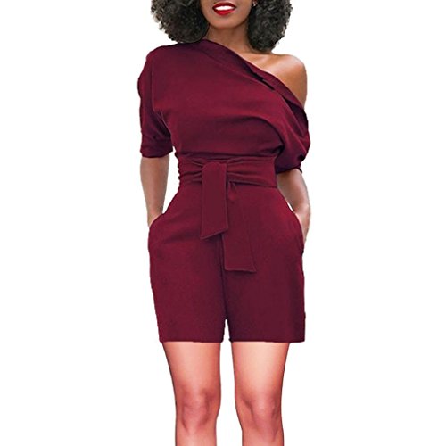Gyoume Women Bodycon Jumpsuits Romper Cold Shoulder Shorts Pocket Jumpsuit Mini Overalls Wine