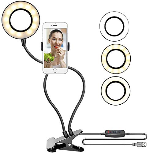 LINGSFIRE Selfie Ring Light with Cellphone Holder Stand for Live Stream Makeup, 20cm/8 Inch, 3-Light Mode, 10-Level Brightness LED Desk Lamp, USB Clip Reading Light for Office, Bedroom, Computer Desk