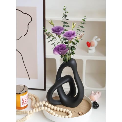 LBOYLOVE® Modern Black Ceramic Flower Vase, 9 Inch Abstract Ceramic Vase for Home Decor Aesthetic, Boho Decorative for Bouquet Pampas Grass, Living Room Bedroom Kitchen Maximalist Decor (Black)