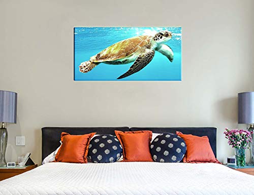 Wall Art Big Brown Turtle Painting Printed on Canvas Sea Animal Swimming Leisurely Underwater Picture Print Decor Artwork Easy Hang for Home Decoration