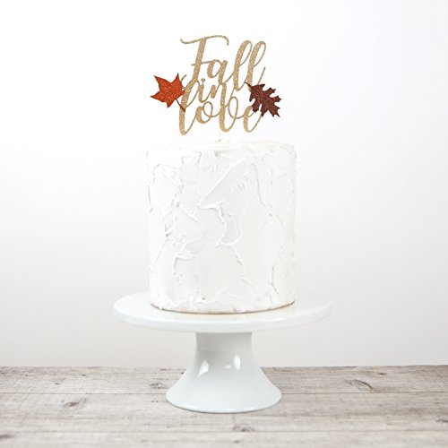 Fall In Love Cake Topper - Double Sided Gold Glitter With Autumn Leaves Design