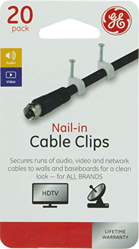 GE Nail In Cable Clips, 20 Pack, For Audio Cables, Video Cables, and Network Cables, Easy Installation, White, 33614