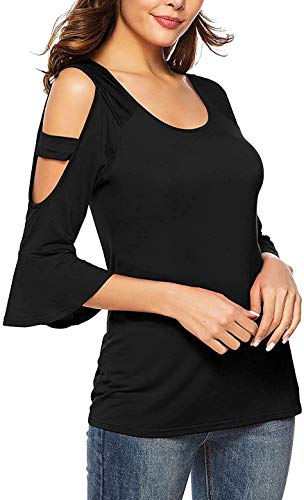 Florboom Womens Cute Tee Tops Round Neck Tshirts Cold Shoulder T Shirts Black L