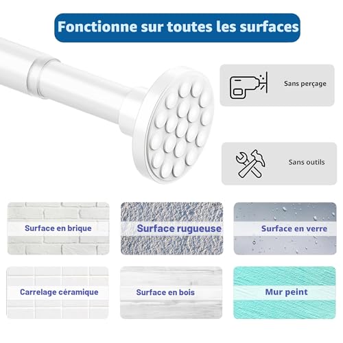 Shower Curtain Rod, 300cm Long Extendable No Drilling for Bathroom Bedroom White (85-270CM Φ32mm)