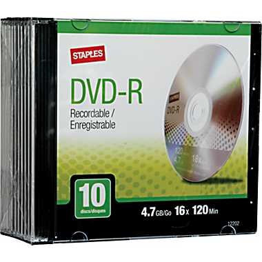 10 PK Staples DVD-R Recordable 4.7GB/Go 16X 120 min