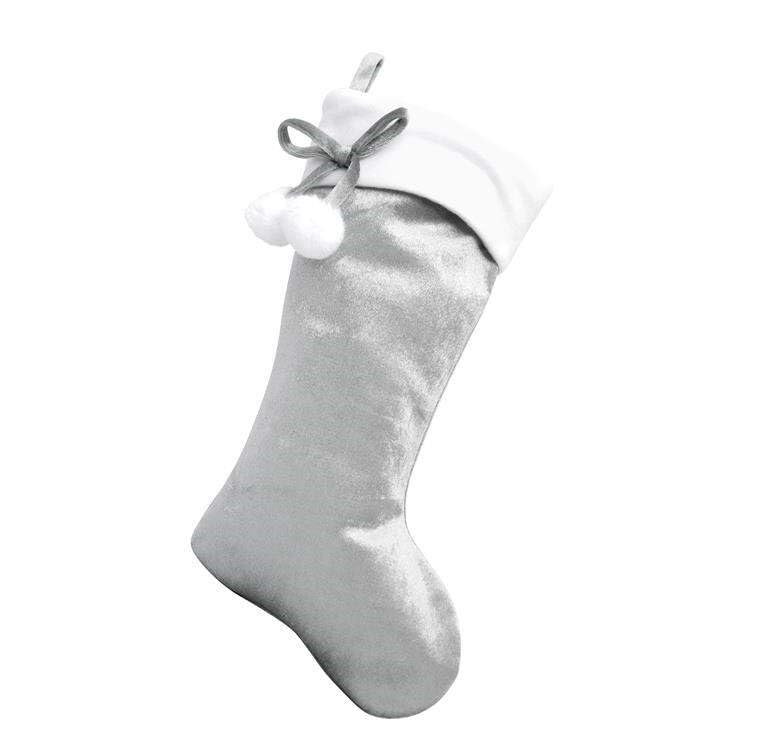 Plush Silver Velvet Effect Christmas Stocking with White Pom Pom – Luxury Silver & White Xmas Stocking for Fireplace, Gifts & Home Decor – Large 40cm Festive Stocking