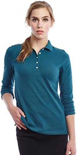 Women's Cotton Polo Shirt, Ladies Long Sleeves Top Collar T-Shirt, By Donatella (Medium, Teal)