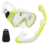 WACOOL Snorkeling Snorkel Package Set for Kids Youth Junior, Anti-Fog Coated Glass Diving Mask, Snorkel with Silicon Mouth Piece,Purge Valve and Anti-Splash Guard. (Yellow)