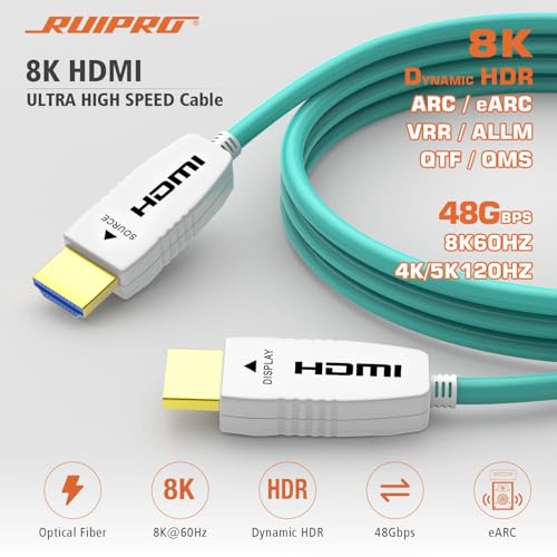 RUIPRO HDMI 2.1 Cable Fiber Optic 8K 20M, Ultra High Speed 48Gbps, Supports 8K@60Hz, 4K@120Hz, Dynamic HDR, eARC, HDCP 2.2, Compatible with PS5, Xbox, TV, Projector, Monitor, Home Cinema